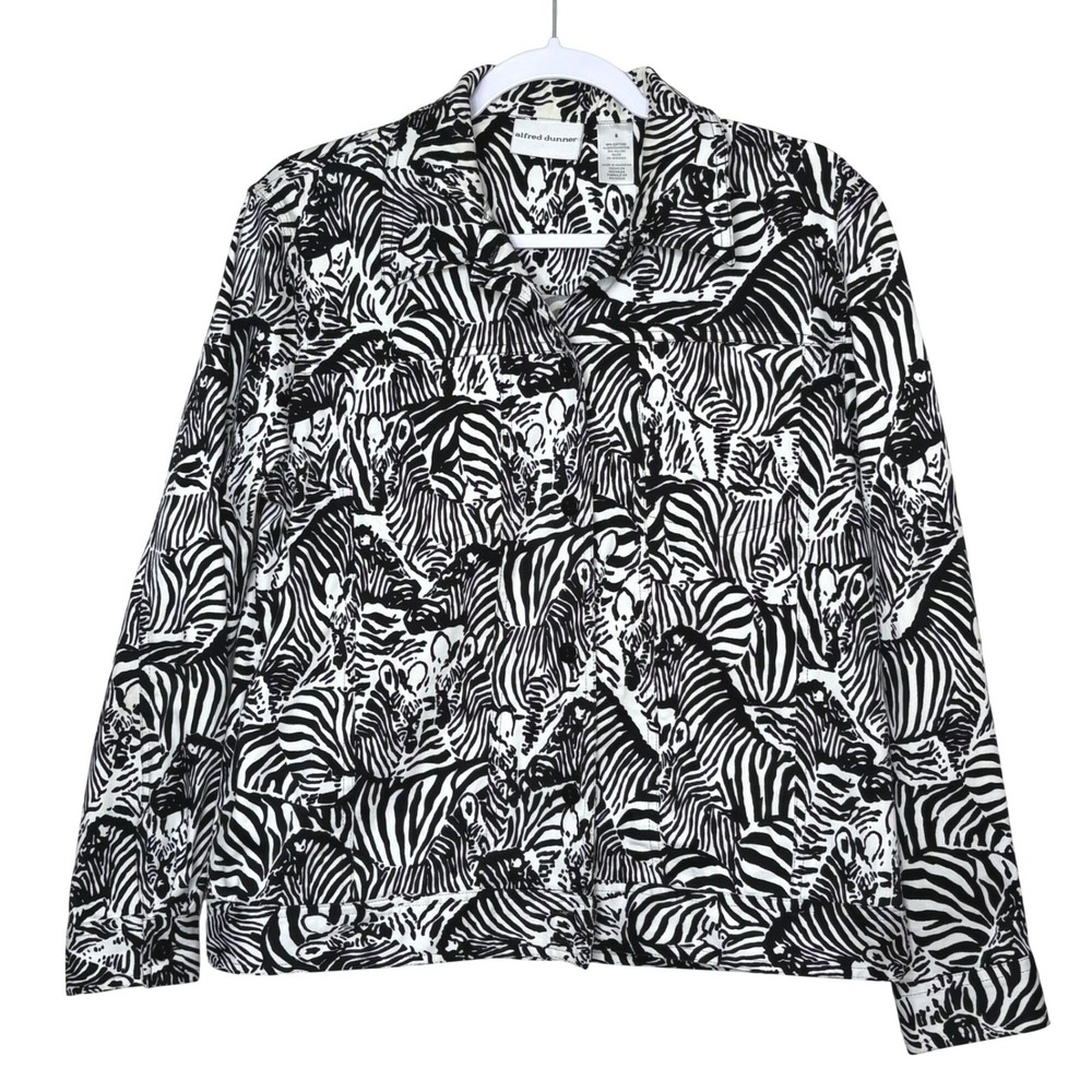 Alfred Dunner Zebra Print Jacket Black White Safari Whimsigoth Mob Wife Size 8